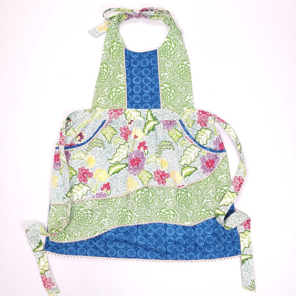 Anthropologie Mixed Floral Patchwork Cotton Halter Apron Blue Green Pink 66170